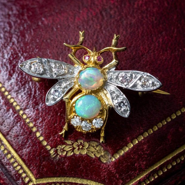 Victorian Style Opal Diamond Bee Brooch 18ct Gold