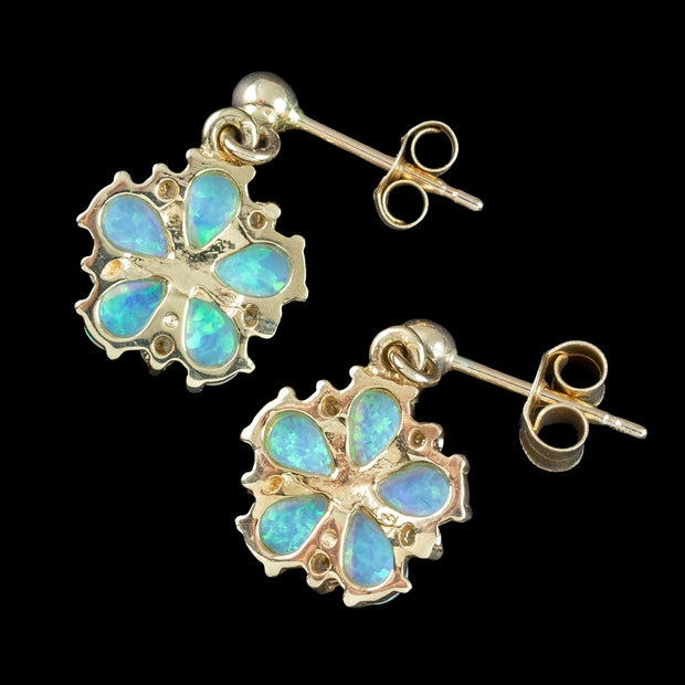 Victorian Style Opal Diamond Flower Stud Earrings 9ct Gold