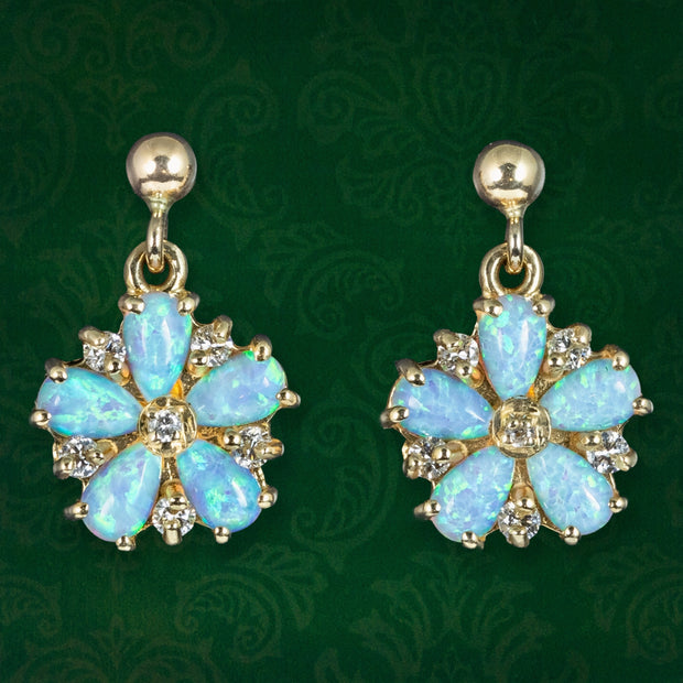 Victorian Style Opal Diamond Flower Stud Earrings 9ct Gold