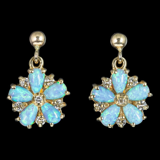 Victorian Style Opal Diamond Flower Stud Earrings 9ct Gold