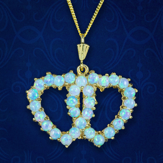 Victorian Style Opal Entwined Heart Pendant Necklace 