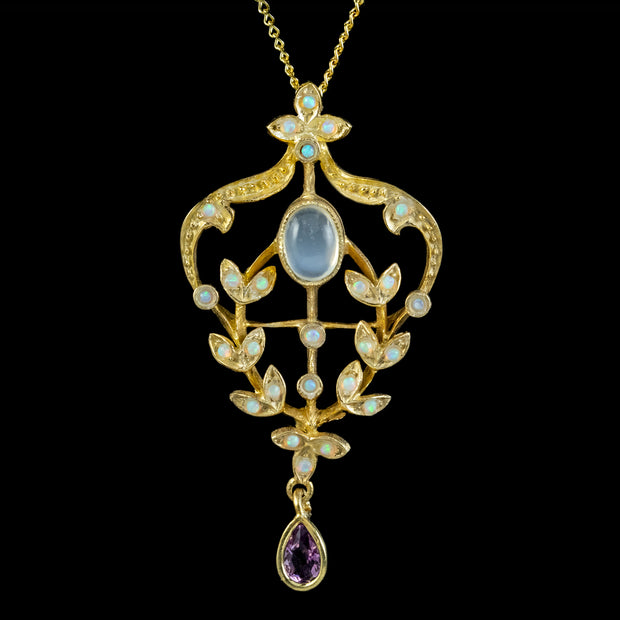Victorian Style Opal Moonstone Amethyst Pendant Necklace Silver 18ct Gold Gilt