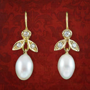 Victorian Style Oval Pearl Diamond Drop Earrings