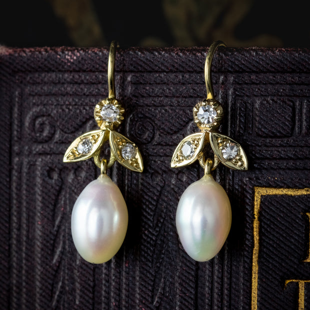 Victorian Style Oval Pearl Diamond Drop Earrings