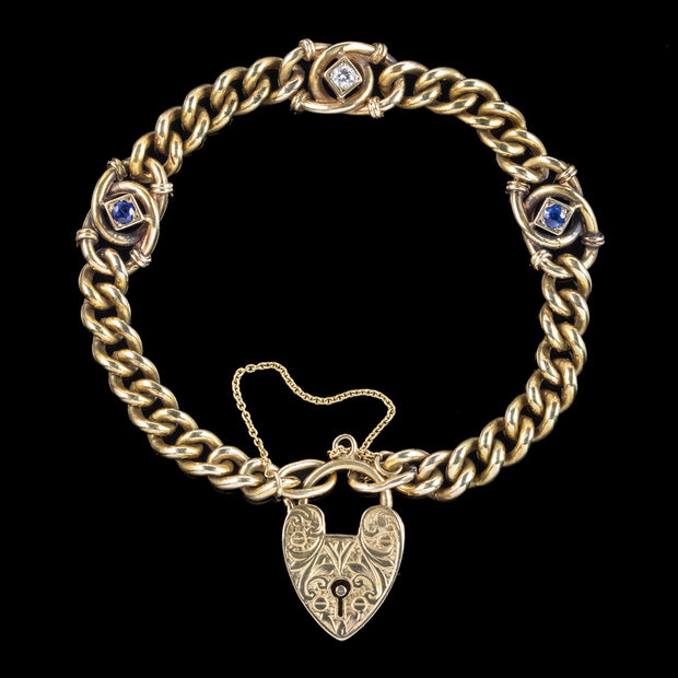Victorian Style Sapphire Diamond Curb Bracelet 9ct Gold With Heart Padlock