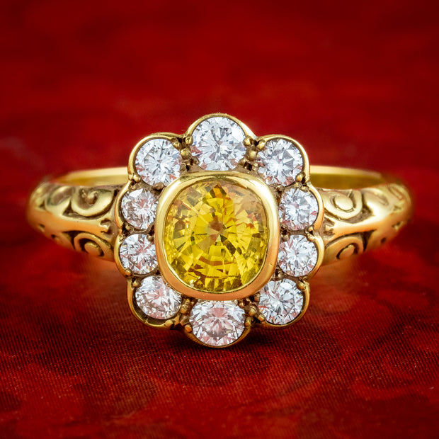 Victorian Style Yellow Sapphire Diamond Cluster Ring 0.80ct Sapphire