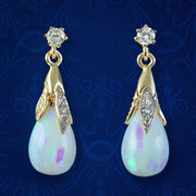 Victorian Style Opal Diamond Drop Earrings 9ct Gold