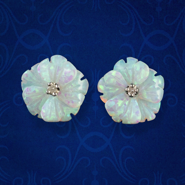 Victorian Style Opal Diamond Flower Stud Earrings 9ct Gold