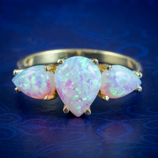 Victorian Style Pear Cut Opal Trilogy Ring Silver 18Ct Gold Gilt 3.5Ct Opals