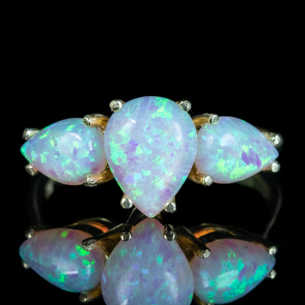 Victorian Style Pear Cut Opal Trilogy Ring Silver 18Ct Gold Gilt 3.5Ct Opals