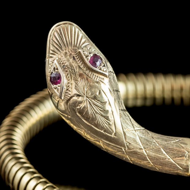 Vintage 9ct Gold Snake Bangle With Ruby Eyes Dated 1975