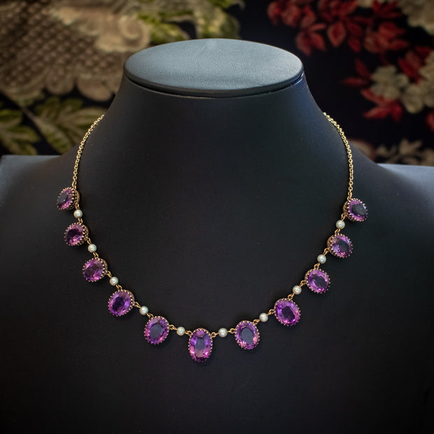 Vintage Amethyst Pearl Necklace 9ct Gold 27ct Of Amethyst Dated 1976