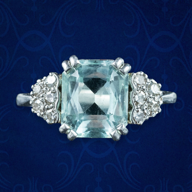 Vintage Aquamarine Diamond Ring 3ct Aquamarine 
