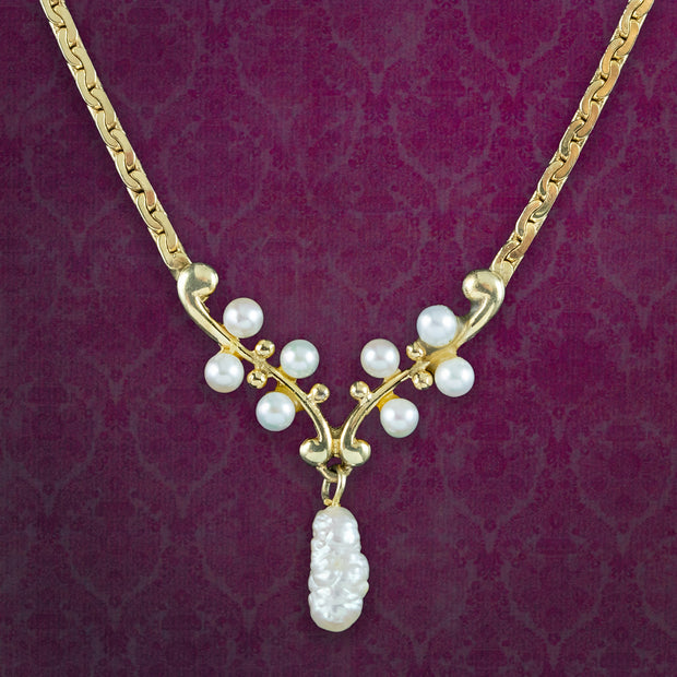 Vintage Baroque Pearl Lavaliere Necklace 9ct Gold