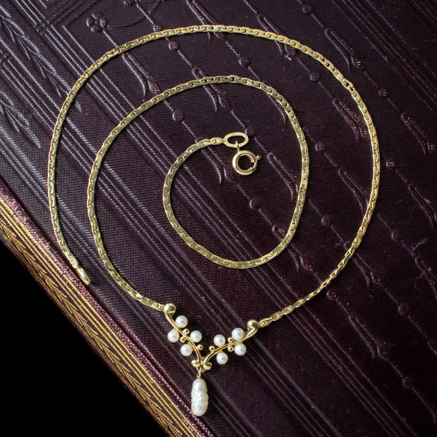 Vintage Baroque Pearl Lavaliere Necklace 9ct Gold