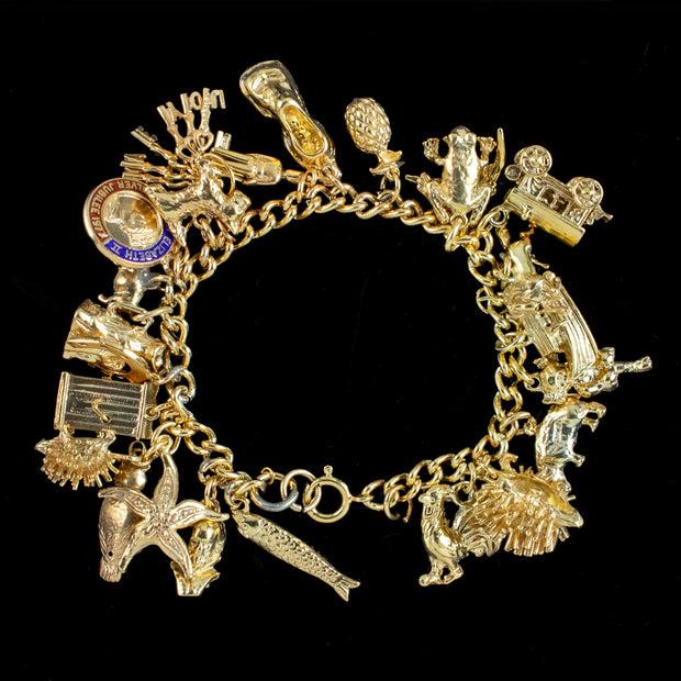 Vintage Charm Bracelet Silver 18ct Gold Gilt 24 Charms