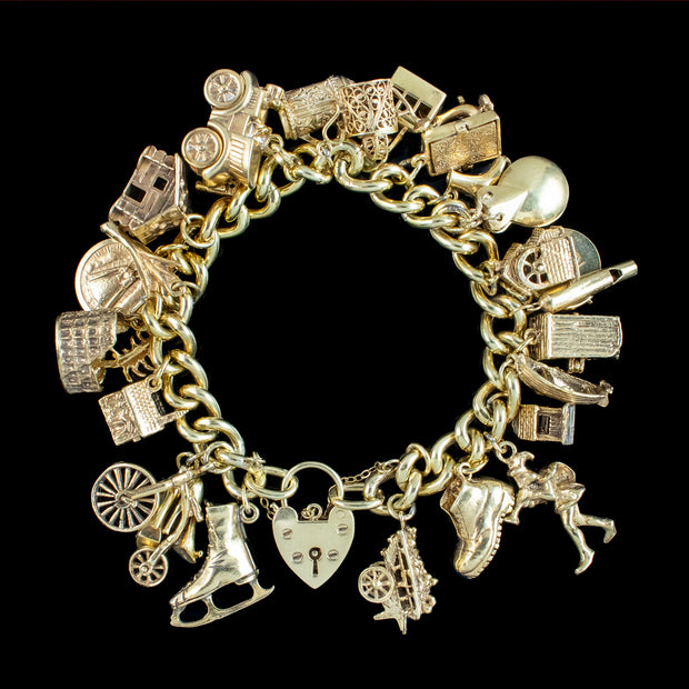 Vintage Charm Bracelet With Heart Padlock And 26 Charms