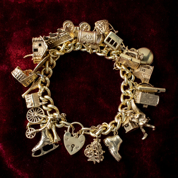 Vintage Charm Bracelet With Heart Padlock And 26 Charms