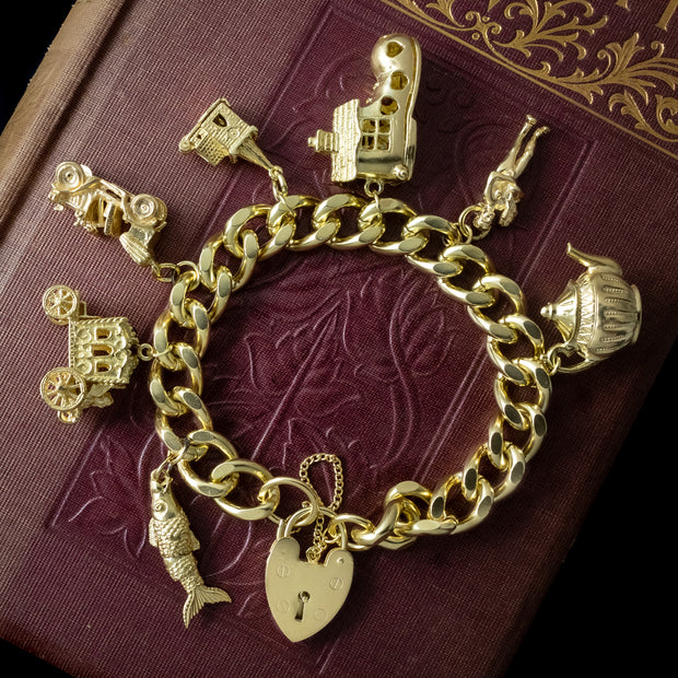 Vintage Curb Charm Bracelet Heart Padlock And 6 Charms 