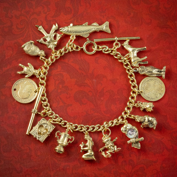 Vintage Charm Curb Bracelet Silver Gilt Seventeen Charms 