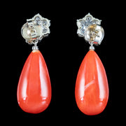 Vintage Coral Diamond Drop Earrings 14ct Gold 3ct Diamond