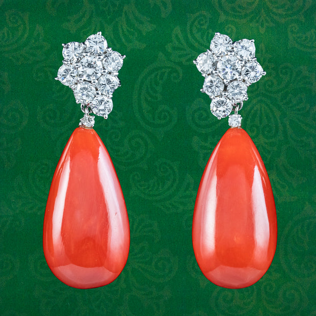 Vintage Coral Diamond Drop Earrings 14ct Gold 3ct Diamond