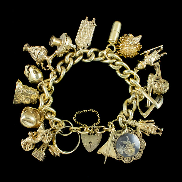 Vintage Curb Gate Bracelet With Seventeen Charms Silver Gilt