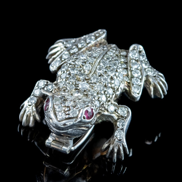 Vintage Diamond Frog Brooch Ruby Eyes 1.5ct Diamond 