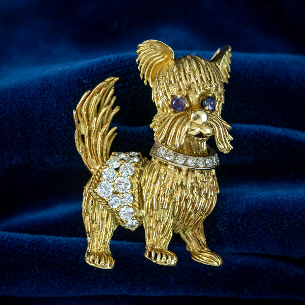 Vintage Diamond Sapphire Dog Brooch 18ct Gold Dated 1964