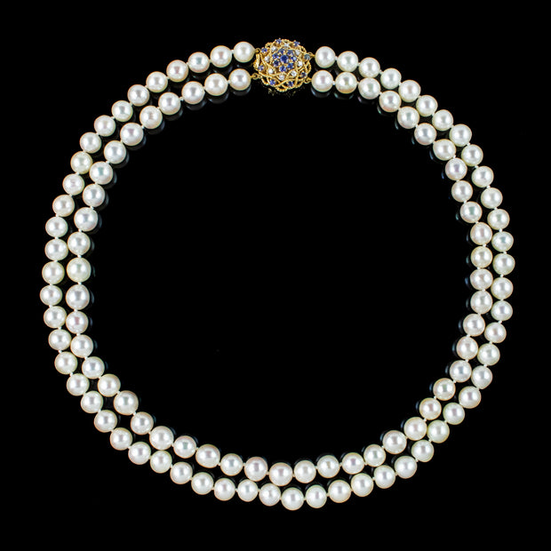 Vintage Double Strand Pearl Necklace Sapphire Diamond Clasp