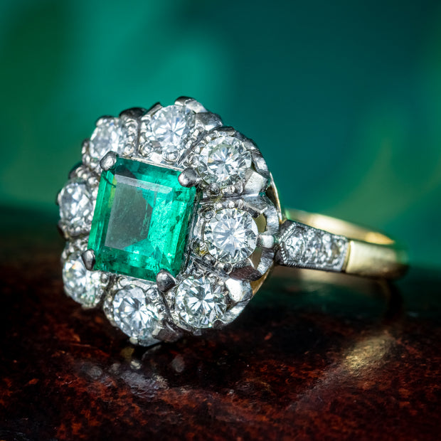 Vintage Emerald Diamond Cluster Ring 2ct Emerald