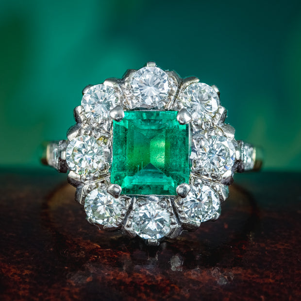 Vintage Emerald Diamond Cluster Ring 2ct Emerald