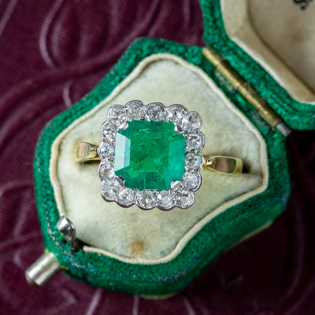 Vintage Emerald Diamond Cluster Ring 3.65ct Emerald Dated 1977