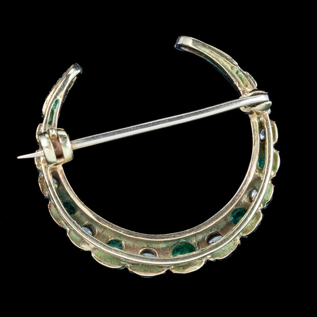 Vintage Emerald Diamond Crescent Moon Brooch 9ct Gold