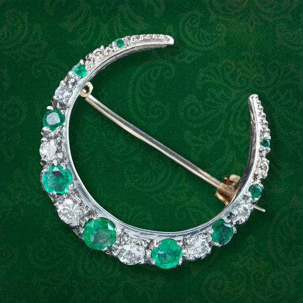 Vintage Emerald Diamond Crescent Moon Brooch 9ct Gold