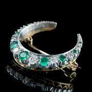 Vintage Emerald Diamond Crescent Moon Brooch 9ct Gold