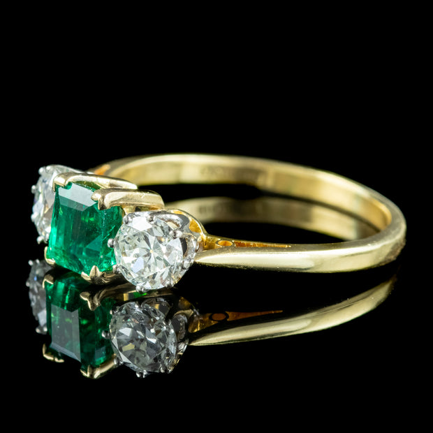 Vintage Emerald Diamond Trilogy Ring 0.84ct Colombian Emerald Dated 1982