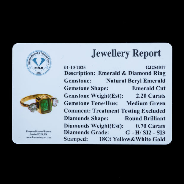 Vintage Emerald Diamond Trilogy Ring 2.2ct Emerald With Cert