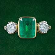 Vintage Emerald Diamond Trilogy Ring 2.2ct Emerald With Cert