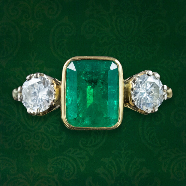 Vintage Emerald Diamond Trilogy Ring 2.2ct Emerald With Cert