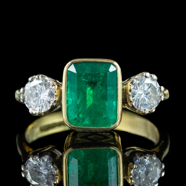 Vintage Emerald Diamond Trilogy Ring 2.2ct Emerald With Cert