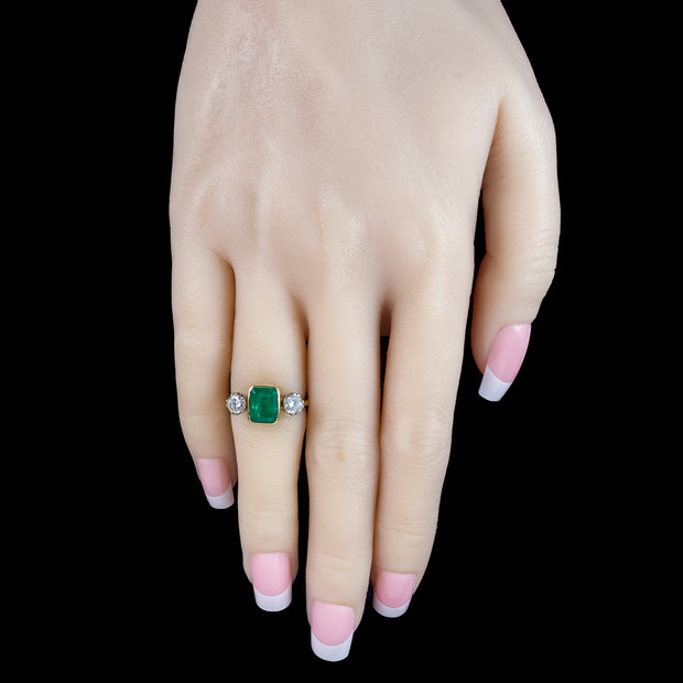 Vintage Emerald Diamond Trilogy Ring 2.2ct Emerald With Cert