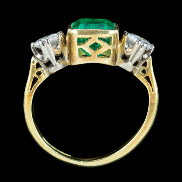 Vintage Emerald Diamond Trilogy Ring 2.2ct Emerald With Cert