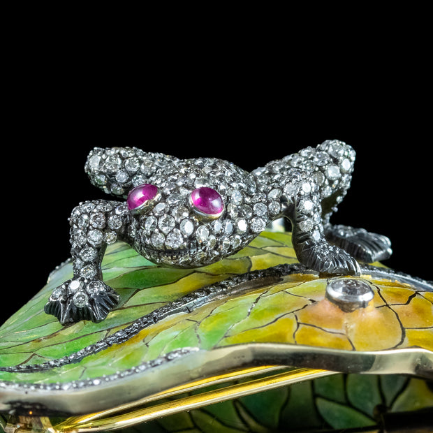 Vintage Plique A Jour Enamel Diamond Ruby Frog On Leaf Brooch With Box