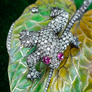 Vintage Plique A Jour Enamel Diamond Ruby Frog On Leaf Brooch With Box