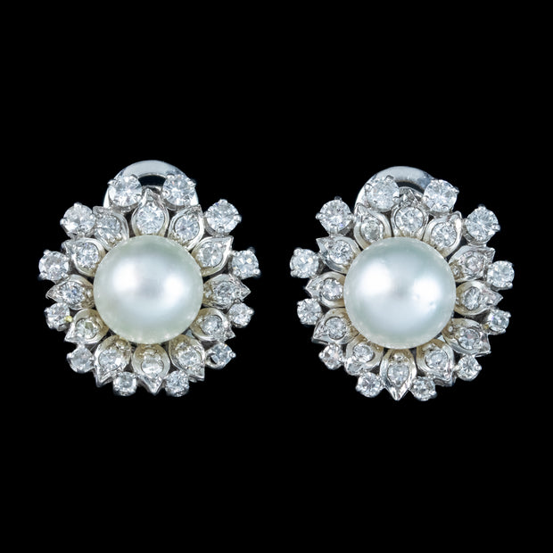 Vintage French Pearl Diamond Flower Clip Earrings 4ct Diamond