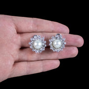 Vintage French Pearl Diamond Flower Clip Earrings 4ct Diamond