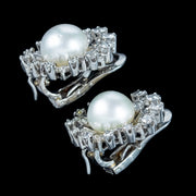 Vintage French Pearl Diamond Flower Clip Earrings 4ct Diamond