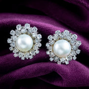 Vintage French Pearl Diamond Flower Clip Earrings 4ct Diamond