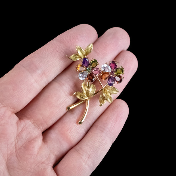 Vintage Gemstone Flower Spray Brooch 18ct Gold